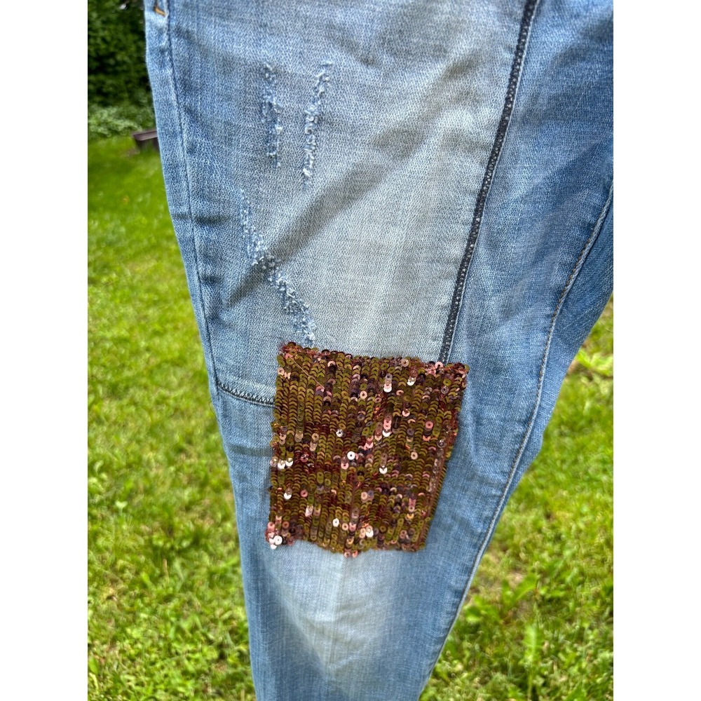 INC International Concepts Light Blue Bootcut Jeans with Bronze Sequin Patch
